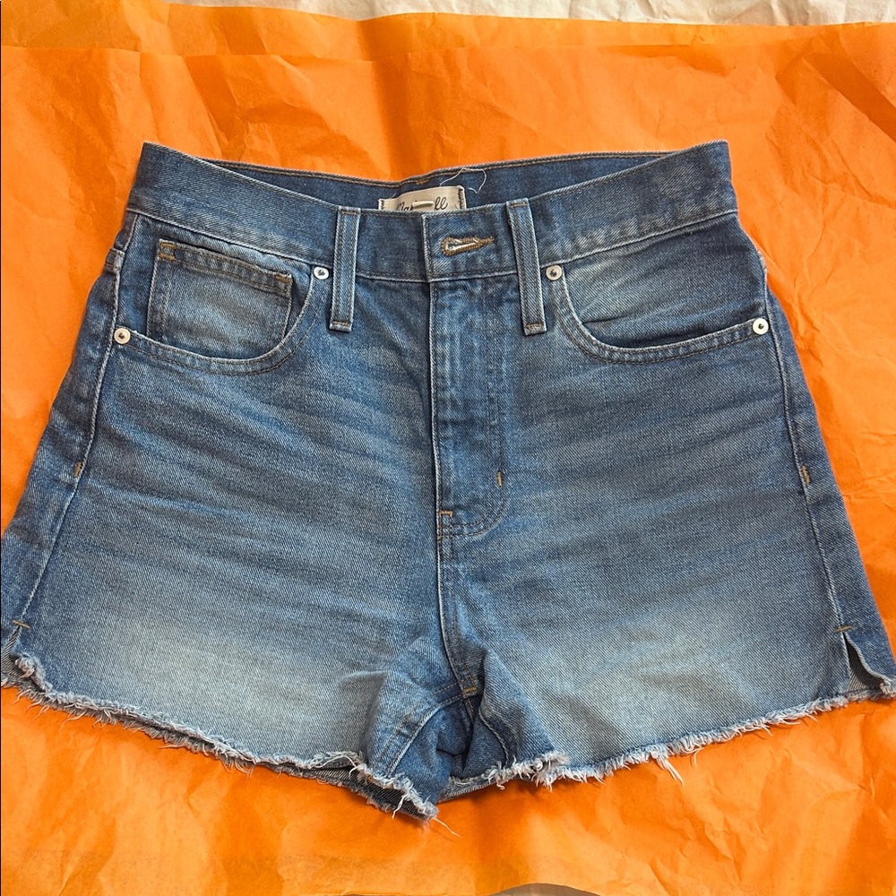 Madewell Mid Wash High-Rise Distressed Denim Shorts